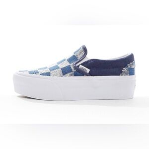 vans classic slip on - denim and silver sequin check print. platform